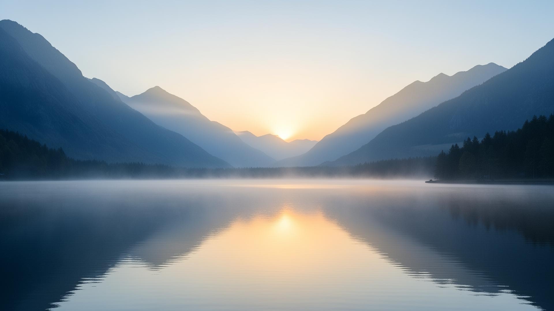 Calm Canadian mountain lake at sunrise